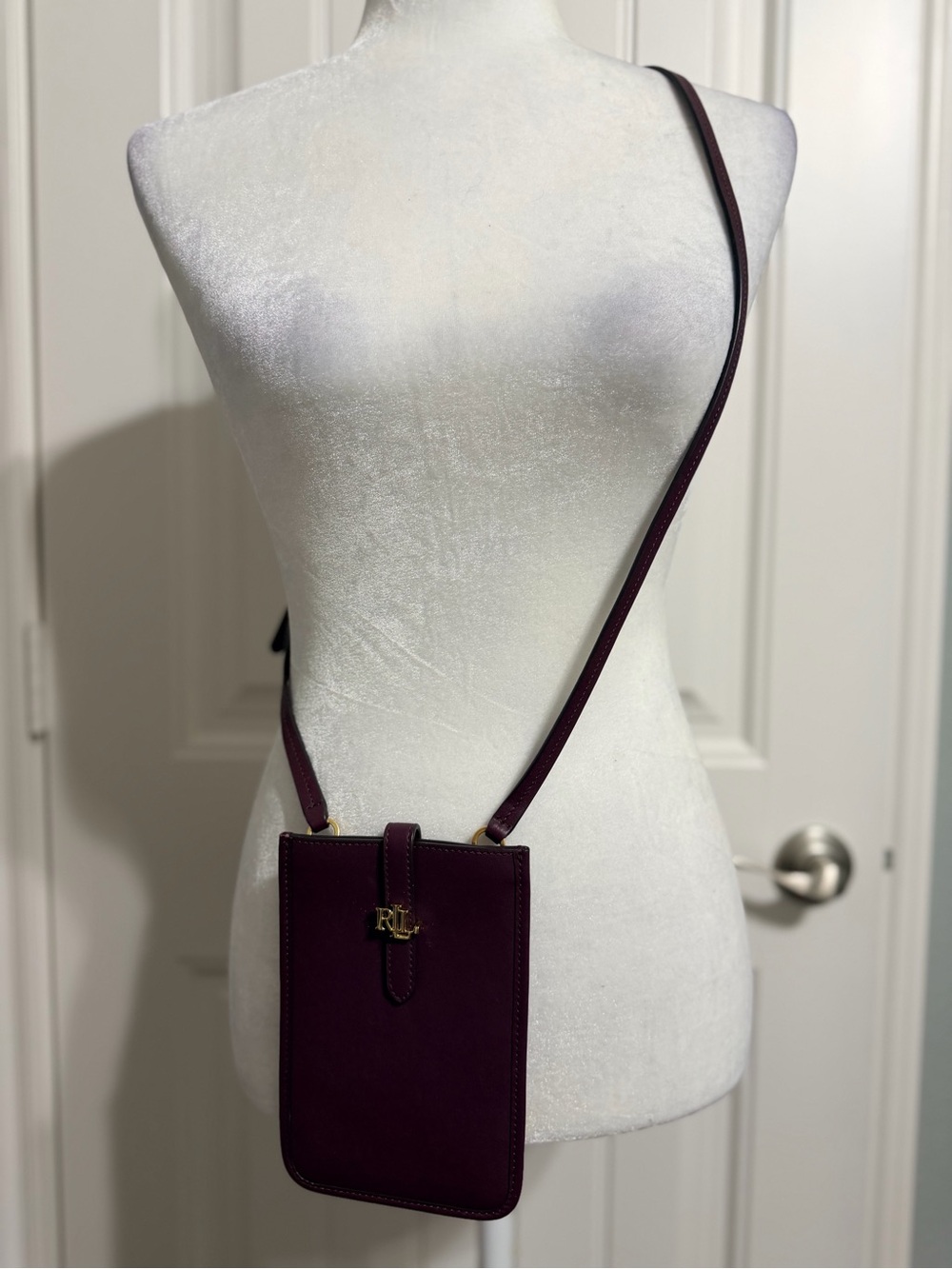 Ralph Lauren Plum Leather Crossbody Phone Pouch with Gold RL Hardware